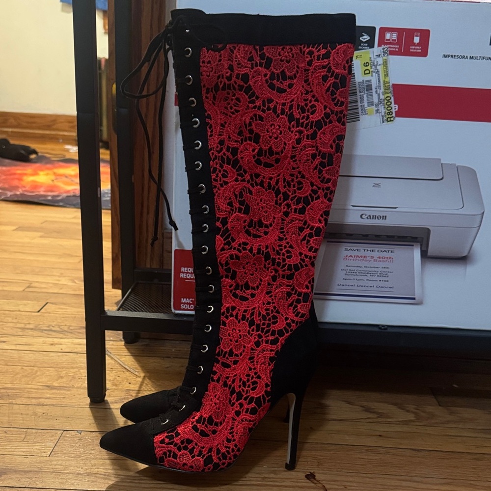 Red and Black Lace Knee-High Boots